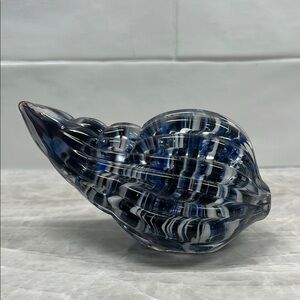 VTG Large Murano Style Tulip Shell Art glass Paperweight Blue, Black, White
